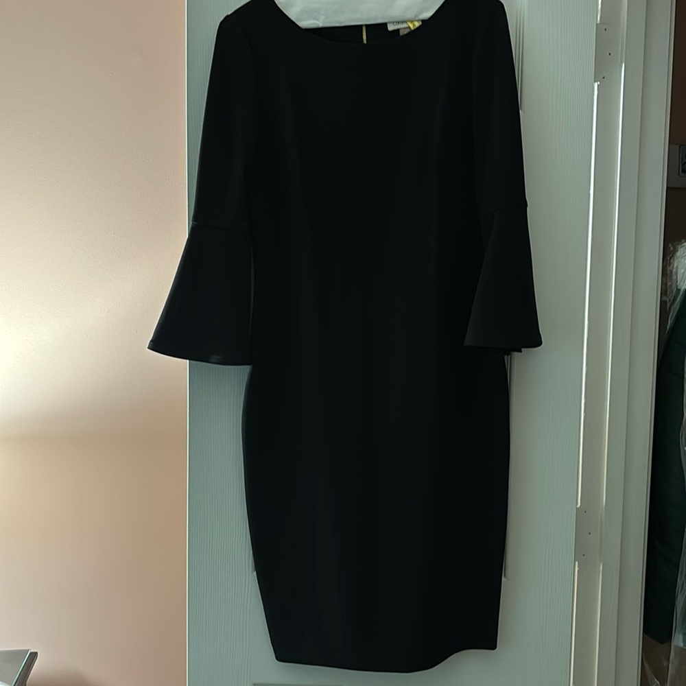 Calvin Klein dress with flare sleeves and a gold zipper. Knee length